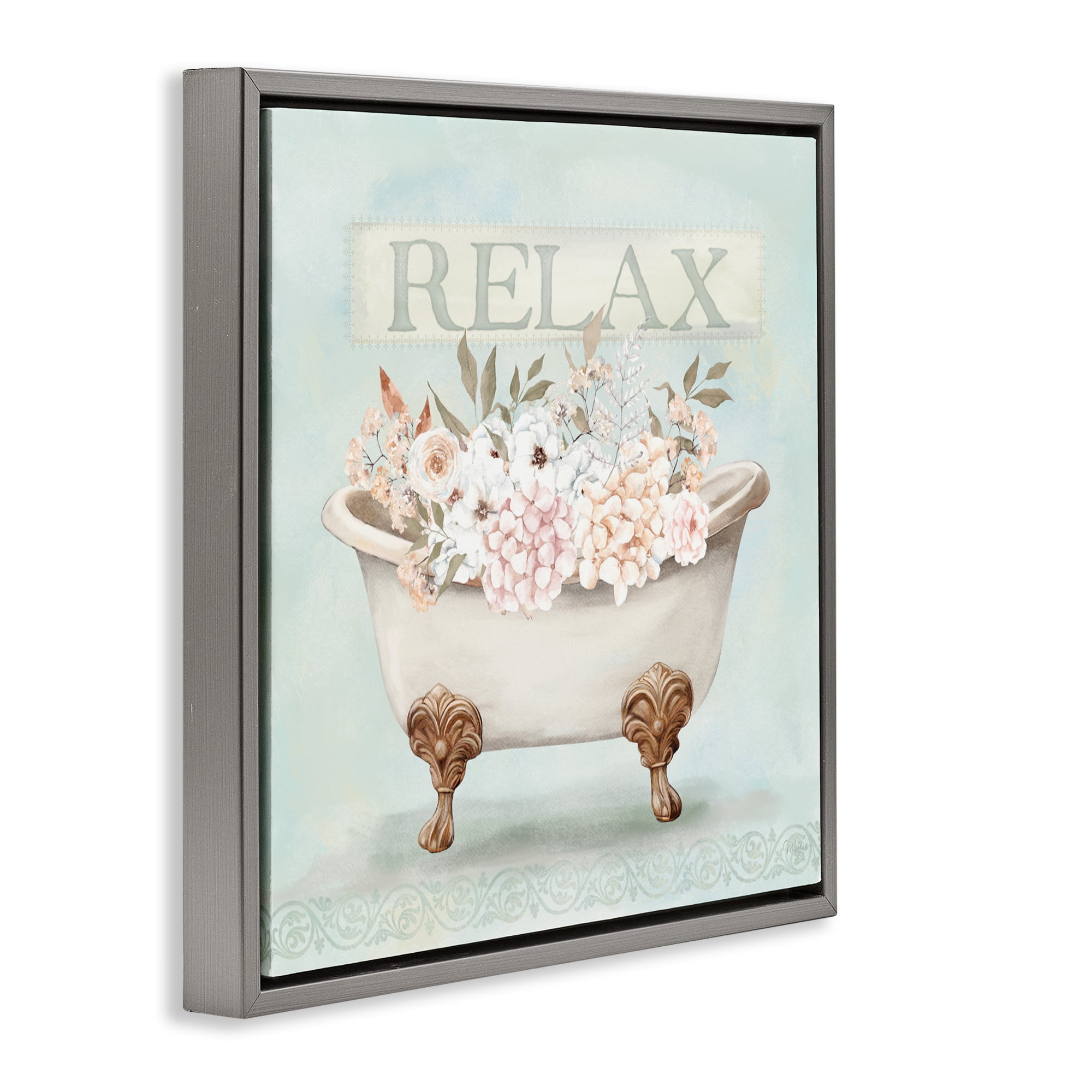 Stupell Industries Relax Floral Tub Gray Framed Floater Canvas Wall Art, design by Mollie B.