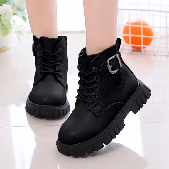 Girls Ankle Boots Lace Up Side Zipper Booties with Buckle Straps Kids Winter Versatile Platform Non-Slip Boots Black 2 Big Kids