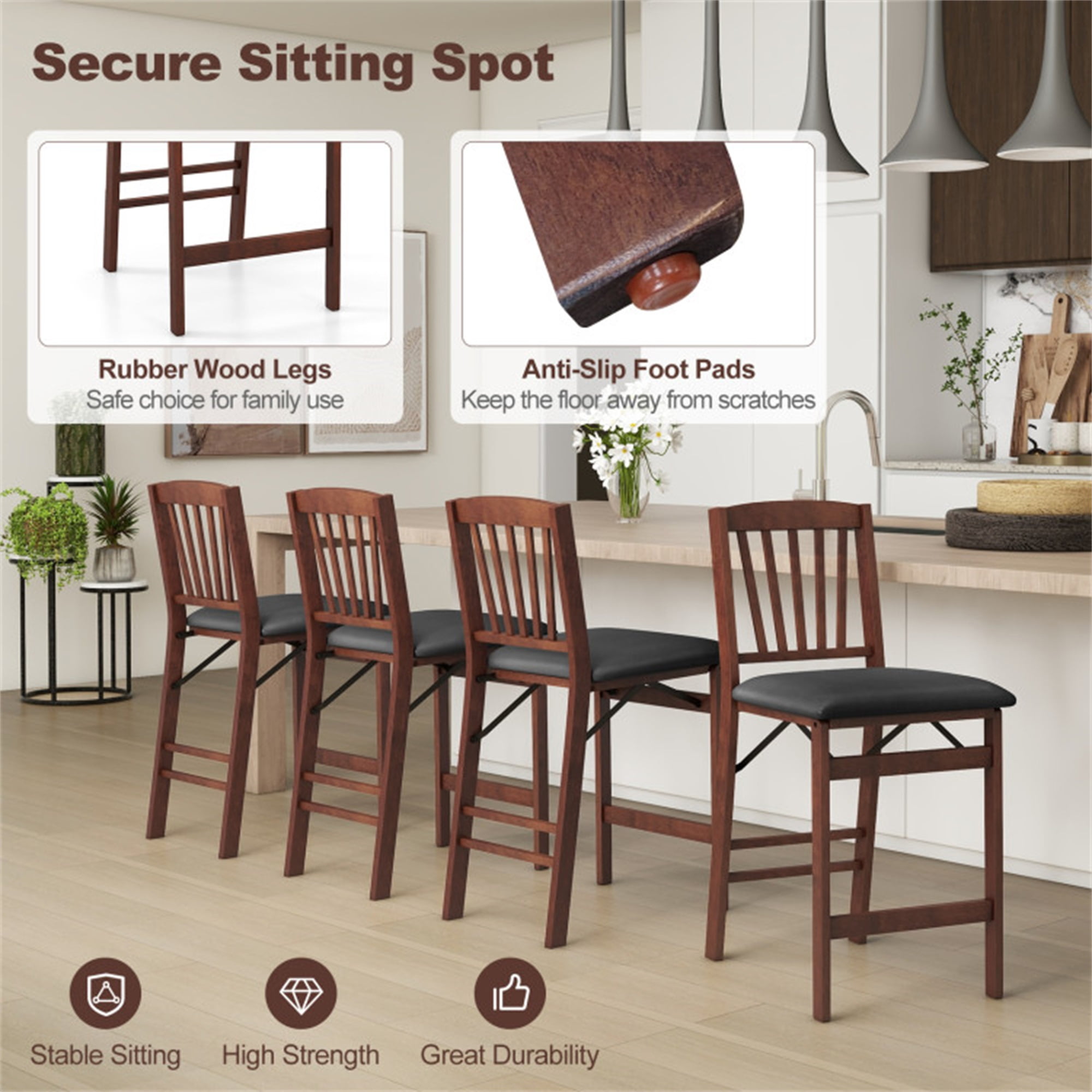 Demi Bonn Set of 2 Counter Height Dining Chairs Folding Kitchen Island Stool with Padded Seat, Brown