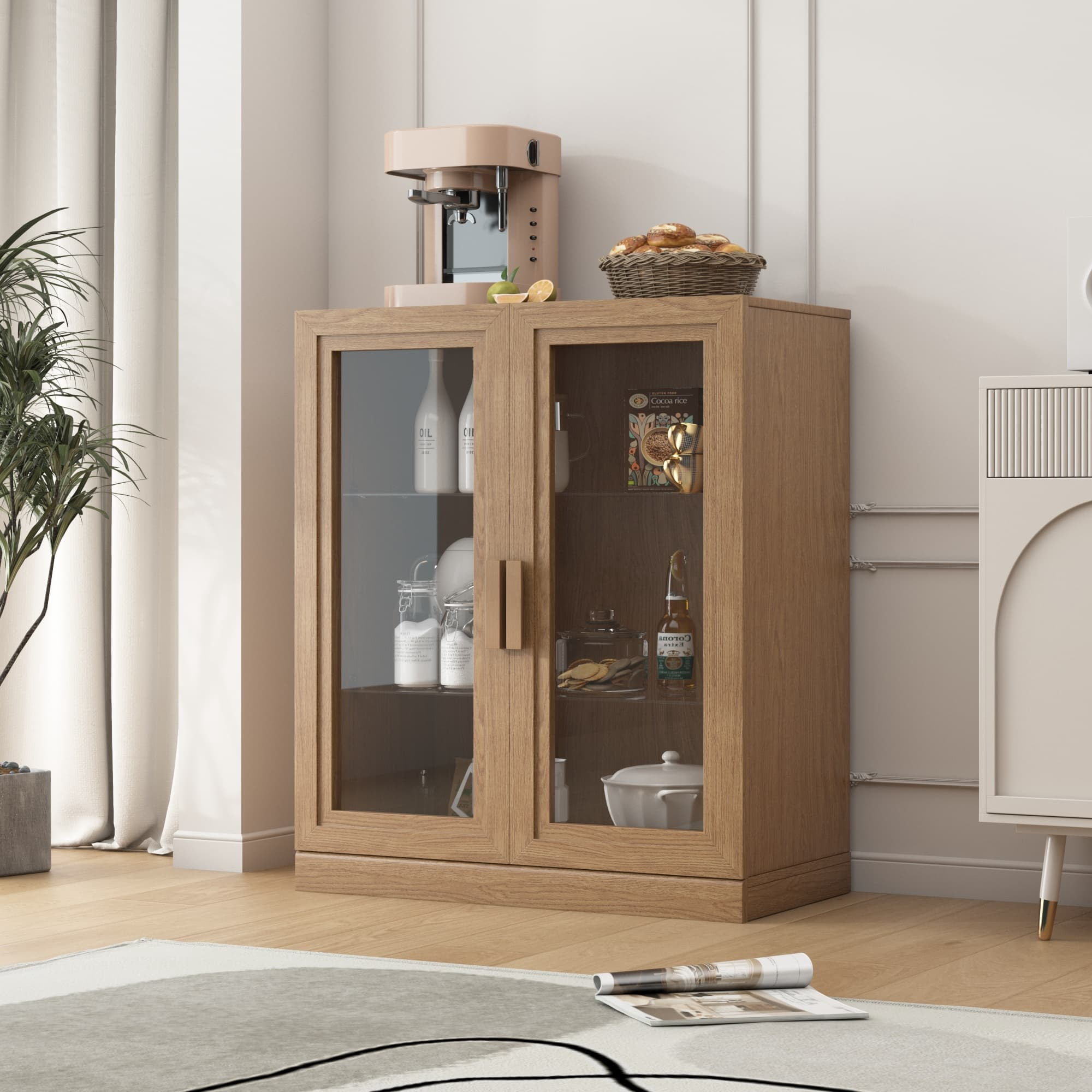 MAYEERTY Curio Display Cabinet with Glass Doors, DIY Combination Storage Cabinets with Adjustable Shelves for Living Room, Natural Wood