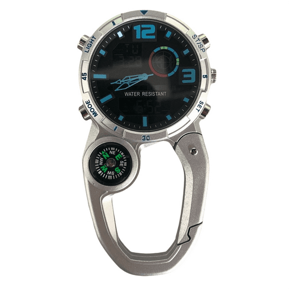 RoundScreen Outdoor Carabiner Watch with Compass Multi Functional Climbing Carabiner Watches for Men Sports Waterproof,E,1 * multi-function watch 1 * English instruction manual,Silver