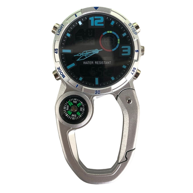 RoundScreen Outdoor Carabiner Watch with Compass Multi Functional Climbing Carabiner Watches for Men Sports Waterproof,E,1 * multi-function watch 1 * English instruction manual,Silver