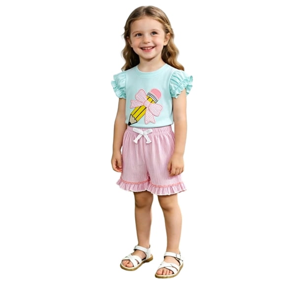 Bobifish Toddler Girls Outfit Sets Cartoon Embroidered Short Sleeve Ruffle Trim Top With Ribbed Shorts Children Girls Sets