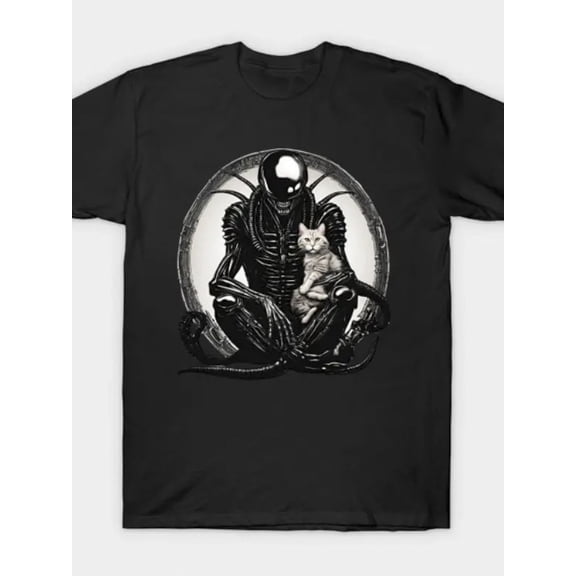 [Cotton T-Shirt] Soft Cotton Men's T-Shirt | Unique Alien & Cat Graphic Design - Black & White Illustration, Round Neck, Short Sleeve, Relaxed Fit, Machine Washable, Casual Attire