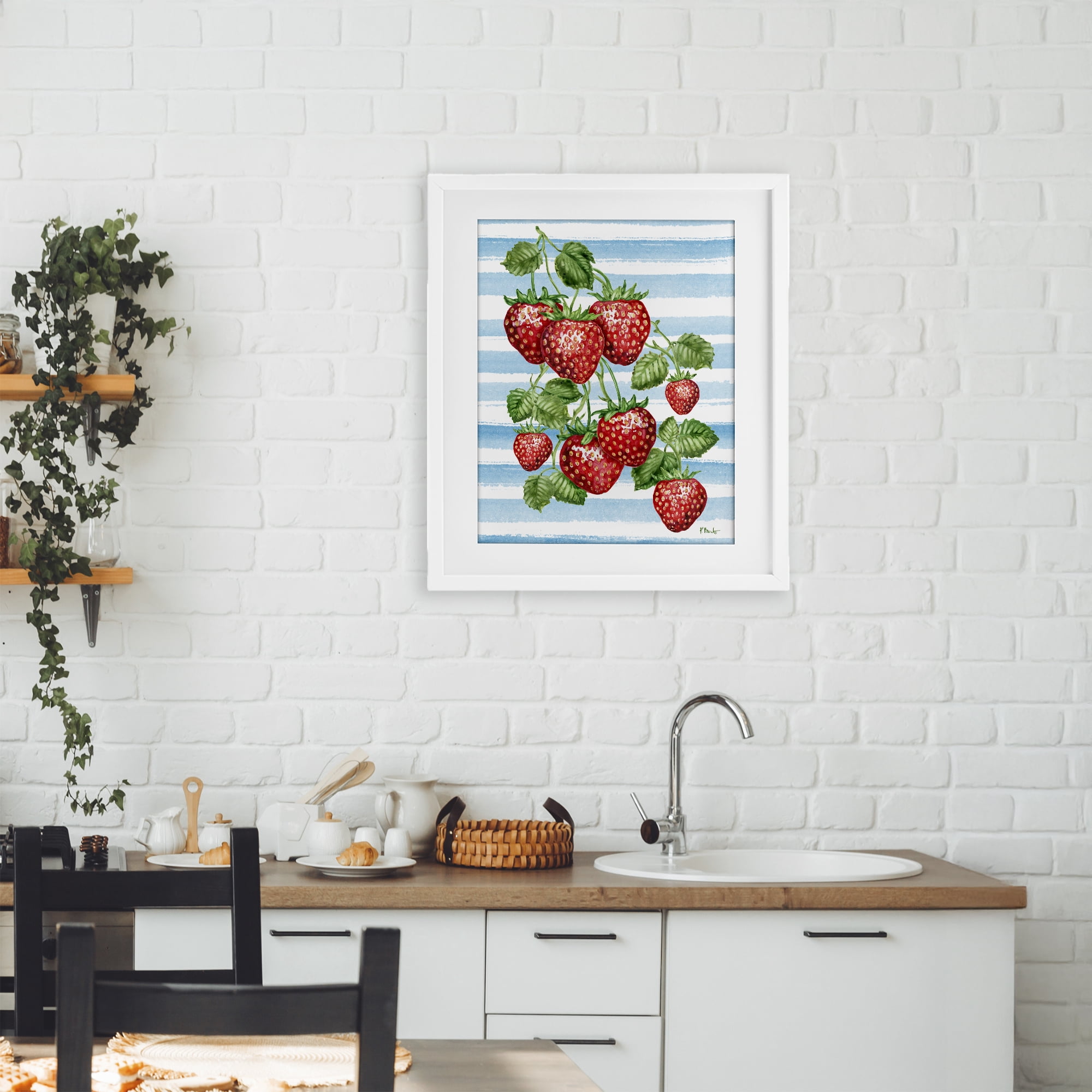 Stupell Industries Juicy Strawberry Vine on Stripes White Framed Print Under Glass, design by Paul Brent