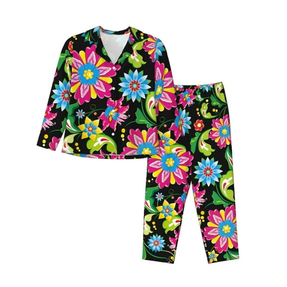 Naloa Vector Mexican Otomi Style Bright Pajamas for Women Set, Womens Pajama Sets, Lounge Sets for Women, 2pjs for Women-Small
