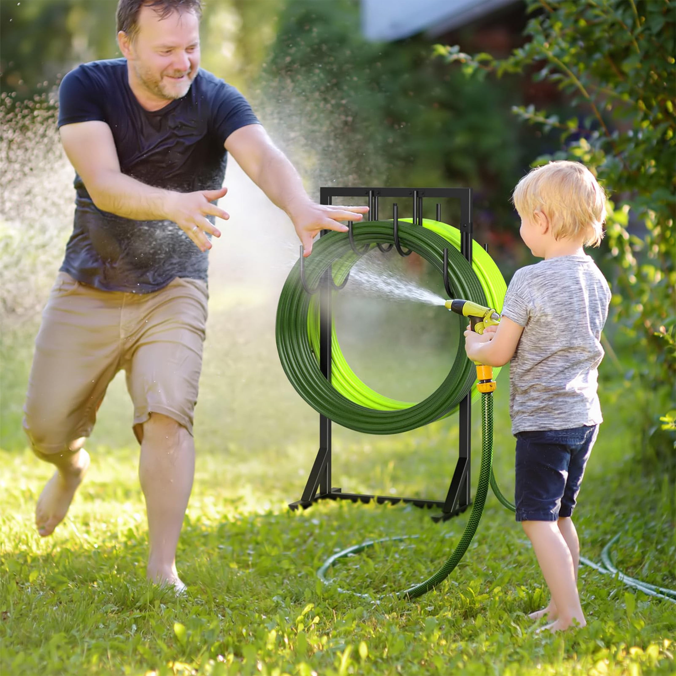 Yacona Garden Hose Holder, Heavy Duty Water Hose Storage for Outside with 8 Hooks, Freestanding Hose Reel Hanger, Black