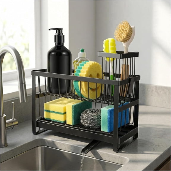 Kitchen Sink Caddy Organizer, 2-Tier Sponge Holder with Drain Tray & 360° Rotating Spout, Rustproof Dish Soap Dispenser Rack, Sink Storage Organizer for Brushes, Sponges & Accessories