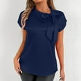thumbnail image 5 of FRSASU Womens Bat Sleeve Tunic Tops Solid Color Round Neck Bowknot Loose Fit Short Sleeve Summer Shirts Dark Blue, 5 of 6