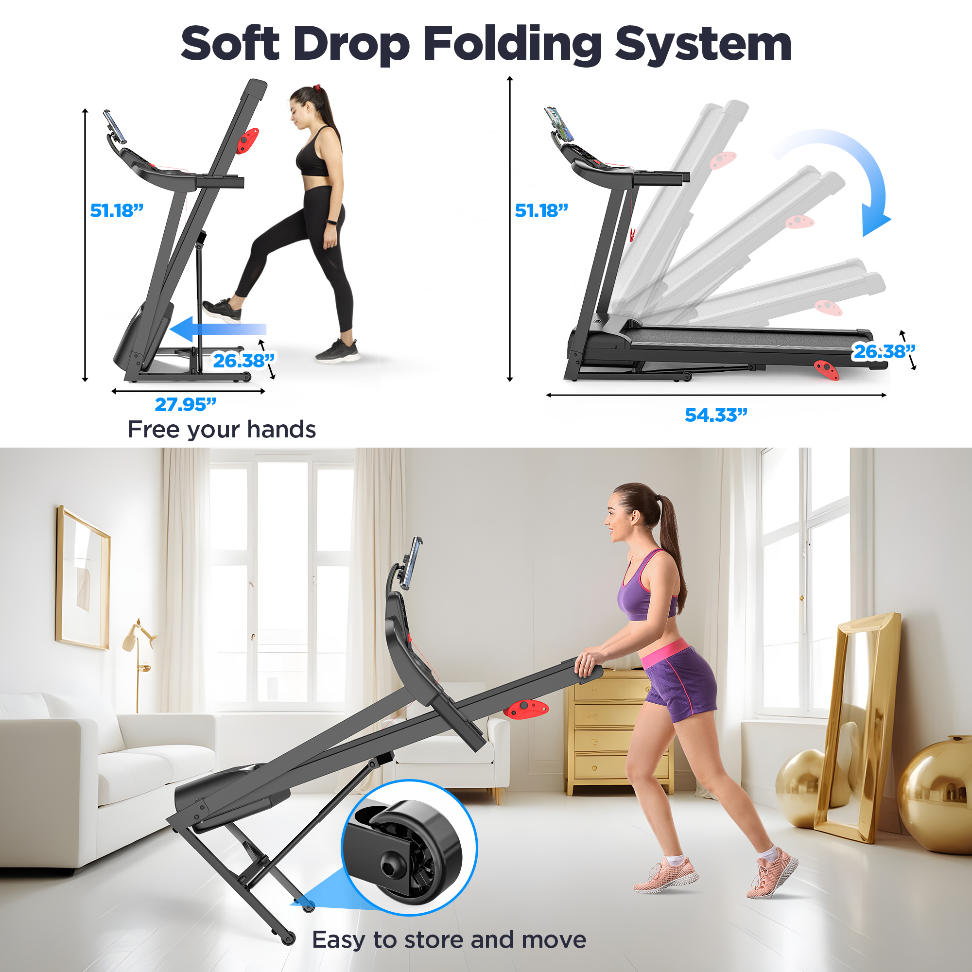 3 HP Foldable Compact Treadmill with 64 Programs, Electric Treadmill with Incline for Home, 7.5MPH, 300 lbs, APP Control, Bluetooth Speakers, Walking Running Treadmill with LCD Display