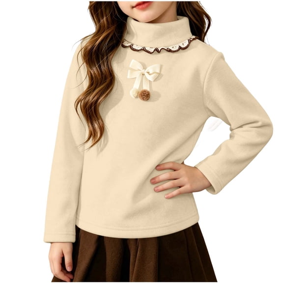 FAIWAD Girls Mock Neck Tops Long Sleeve Fleece Shirts with Bow Soft Warm School Daily Clothes