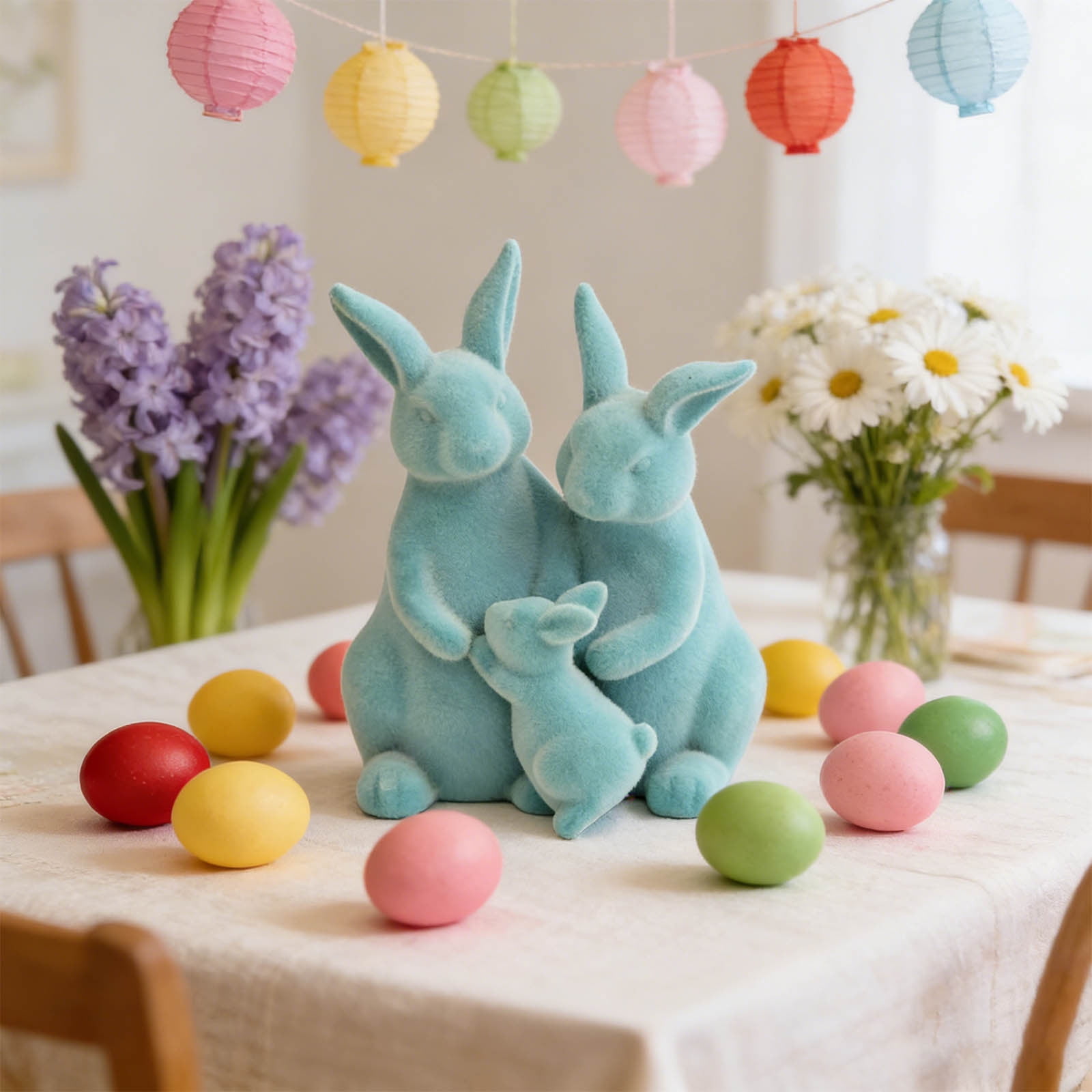 AZXY Minimalist Flocked Velveteen Easter Bunny Figurine, Blue and Yellow Spring Home Tabletop Decor, Festive Holiday Decoration