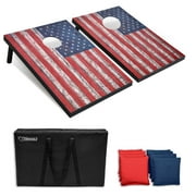 GoSports American Flag Cornhole Set with Wood Plank Design - Includes Two 3' x 2' Boards, 8 Bean Bags, Carrying Case and Game Rules