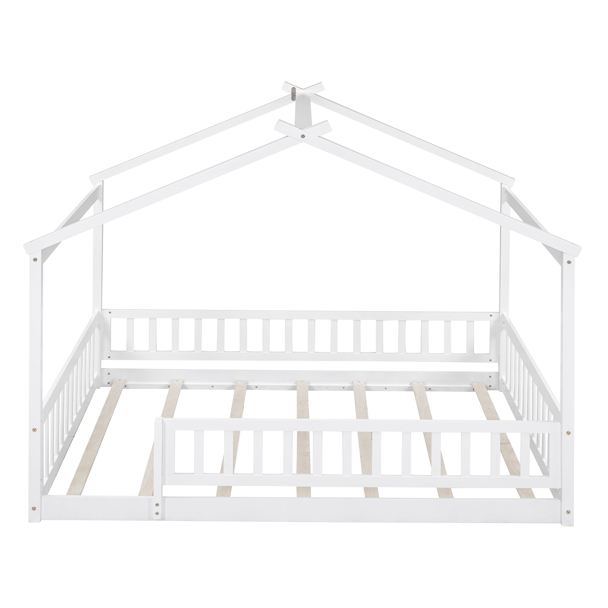 Bellemave Full Size House Floor Bed for Kids, Wooden Montessori Full Bed with Fence Railings and Support Slats, No Box Spring Needed (White)