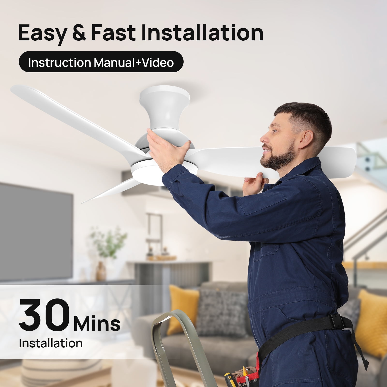 Consciot 44 inch Ceiling Fan with Light, 3 Blades, Remote Control, Reverse Airflow, 6 Speeds, Dimmable, White
