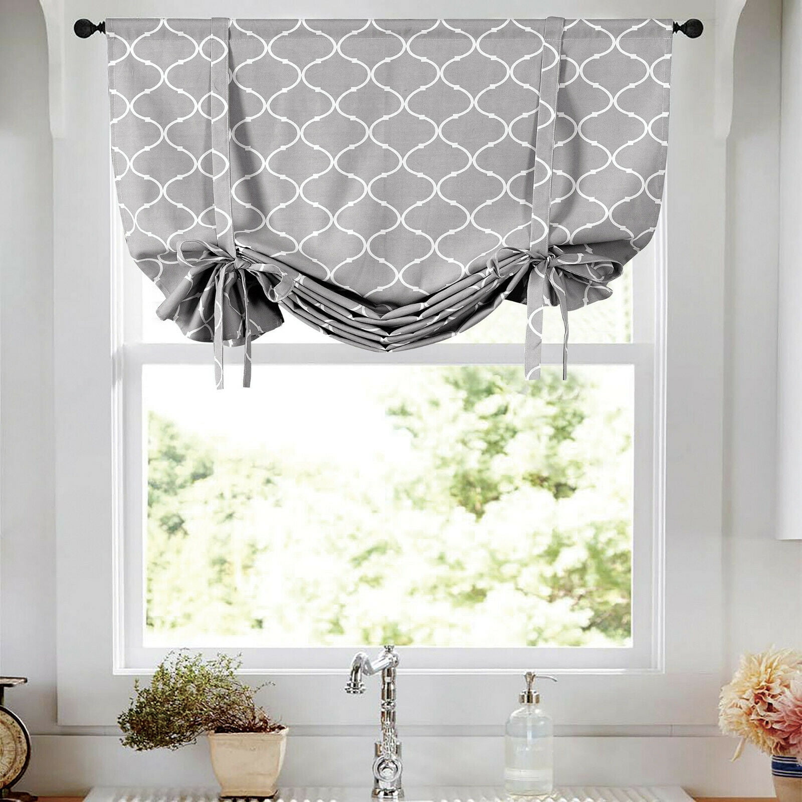 Gray & White Lattice Clover Ultra Luxurious Tie Up Window Curtain Shades