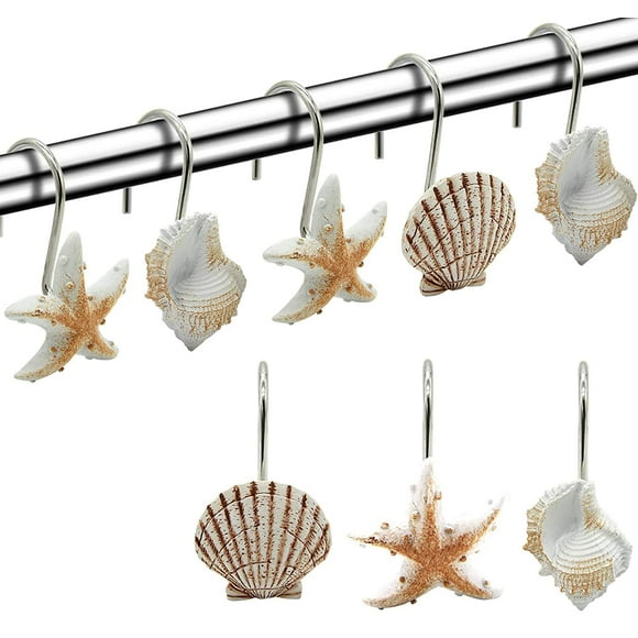 Seashell Shower Curtain Hooks 12PCS Anti Rust Decorative Resin Hooks for Bathroom Baby Room Bedroom Living Room Decor (Light Brown Seashell)