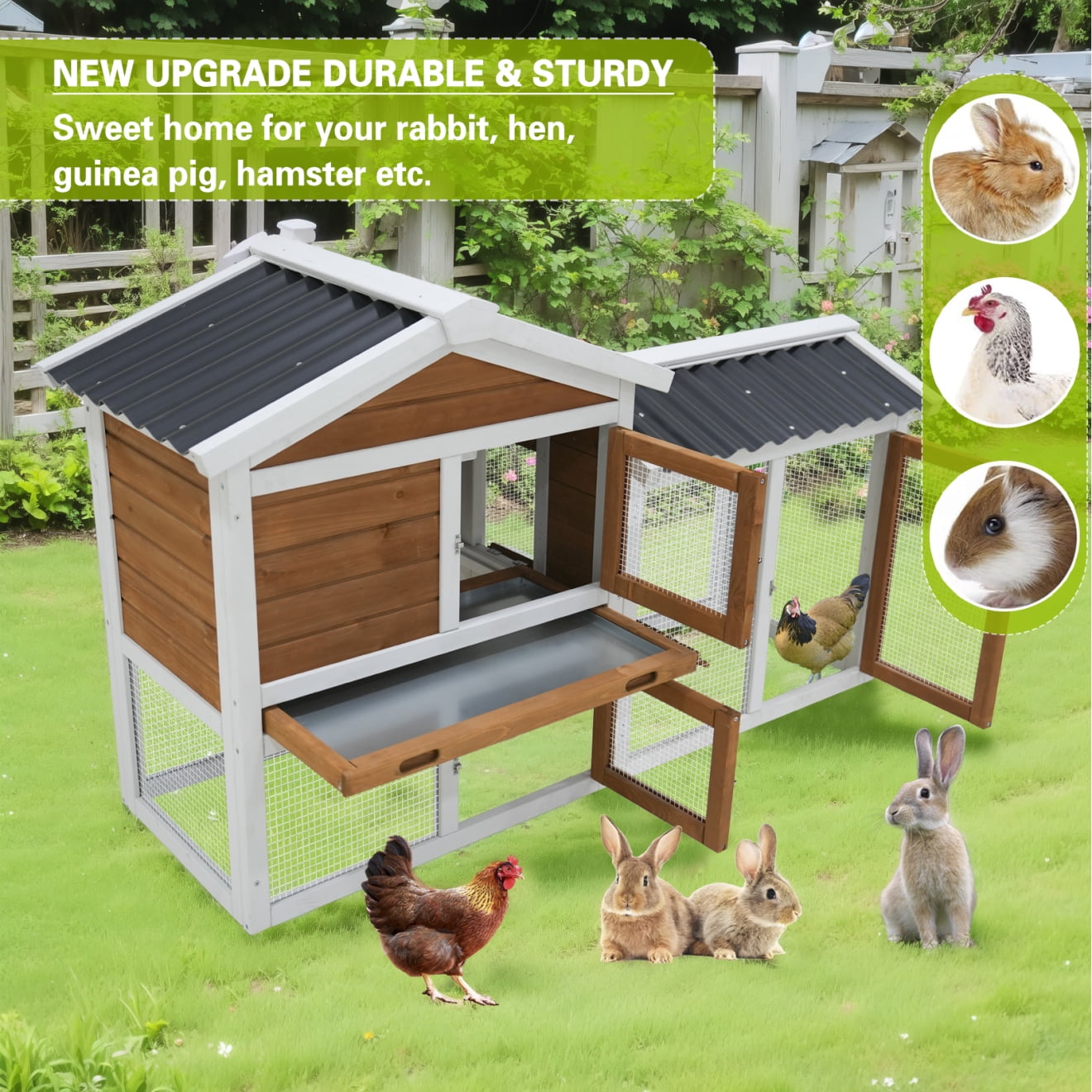 2-Story Rabbit Hutch with Run, 58" Bunny Cage with 1 Pull-Out Tray, 3 Lockable Doors and Waterproof Roof for Rabbits, Guinea Pigs, Small Pets, Orange+Yellow