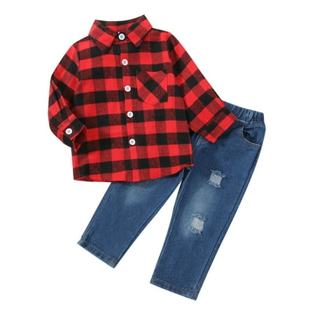 

XJDJHC Baby Boy Clothes Kids Toddler Boys Shirt Jacket Plaid Letter Long Sleeve Coat Outwear Jeans Pants Outfit Set 2PCS Clothes Fashion Streetwear 2-3 Years