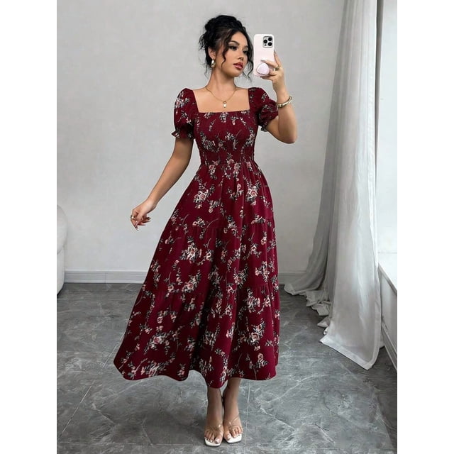 Vestido Maxi Con Cuello Cuadrado, Manga Corta Fruncida Y Estampado Floral