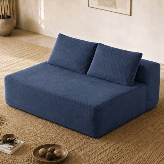 58 Inch 2 Seater Loveseat Sofa, Modern Corduroy Couch with Cup Holders, Double Chaise Lounge, No Assembly, Living Room, Blue