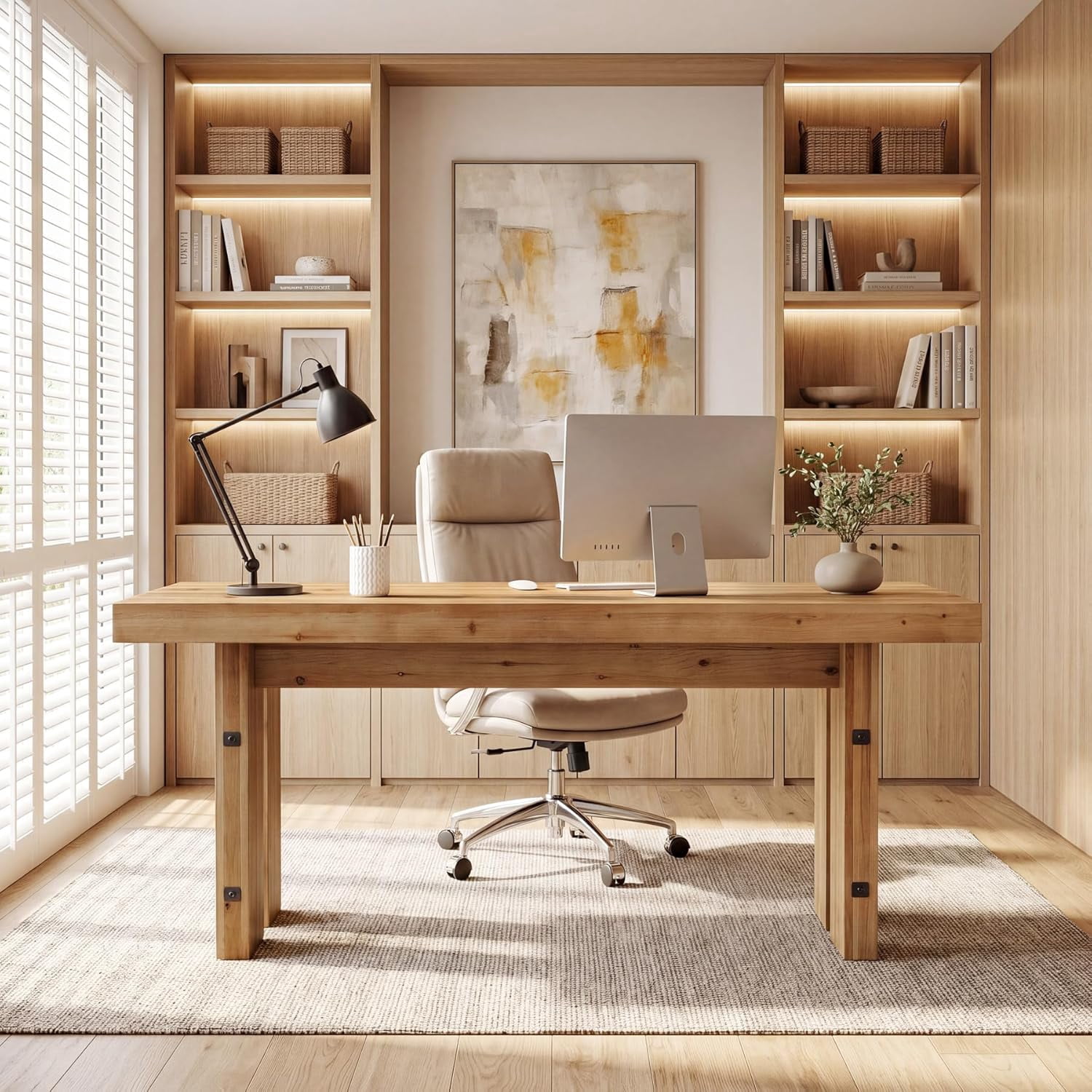 Tribesigns 63-Inch Farmhouse Executive Desk, Solid Wood Computer Desk with Large Tabletop for Home Office, Light Brown
