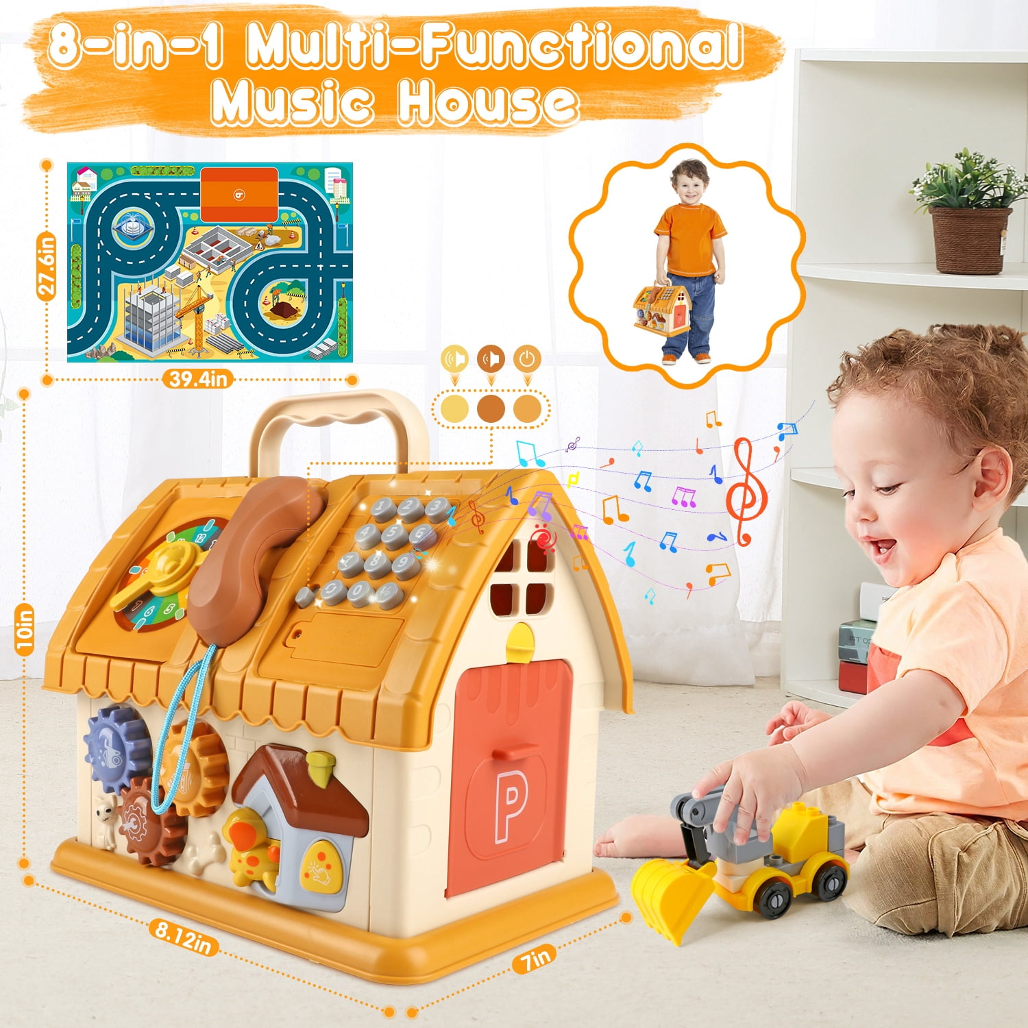 Huge Wave Toddler Montessori Toys for 1+ Year Old, 8-in-1 Multi-Functional Learning House, with 4 Building Cars and Map, Sound & Light Early Educational Kids Christmas Gifts