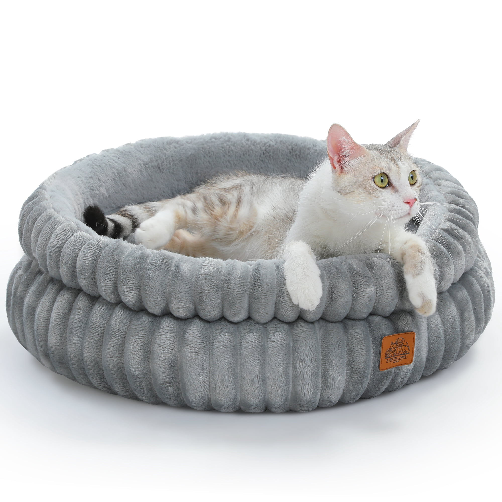PAWZ Road 24" Cat Bed Soft Plush Kitten Bed Washable Round Pet Bed for Indoor Cats and Puppy, Gray
