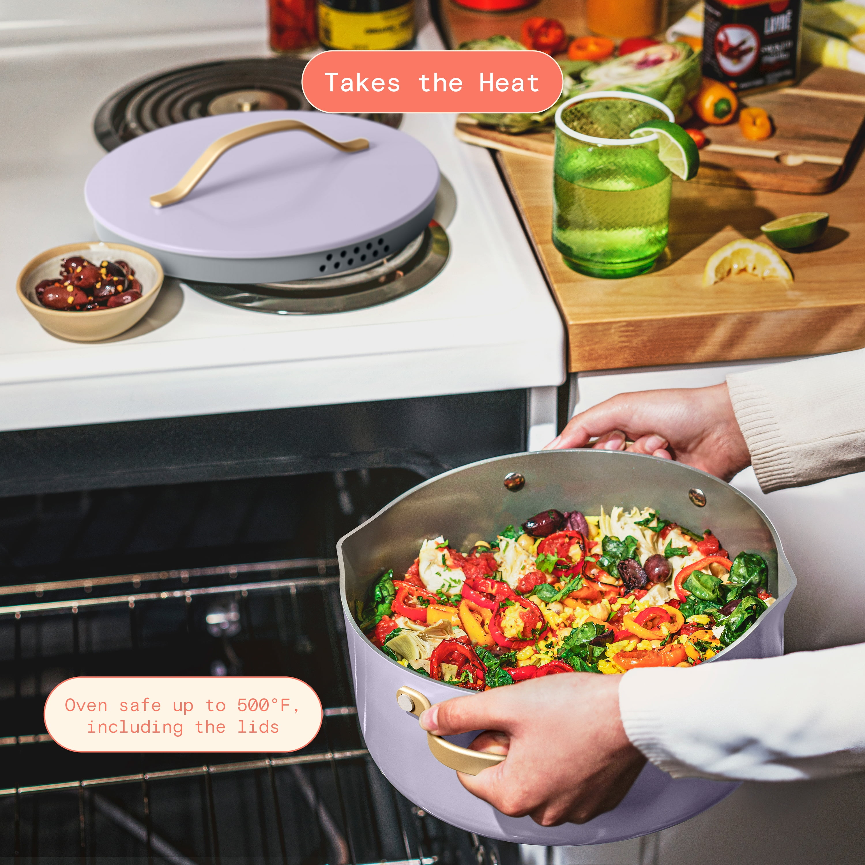 Beautiful 12-Piece Ceramic Nonstick Cookware Set, Pots and Pans with Strainer Lids, Lavender by Drew Barrymore