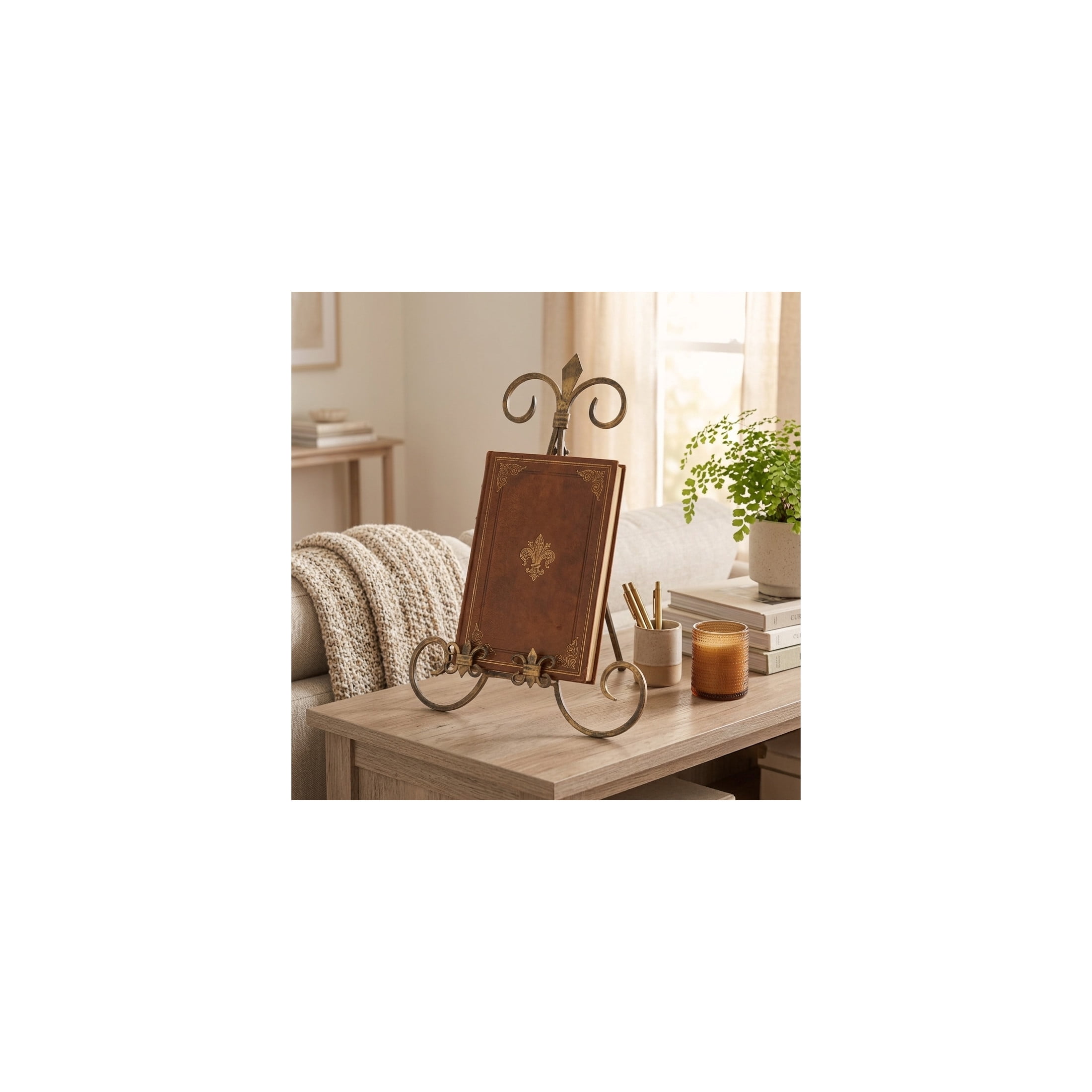 DecMode 11" x 14" Brass Metal Tabletop Arched Fleur De Lis Easel with Scroll Details, 1-Piece