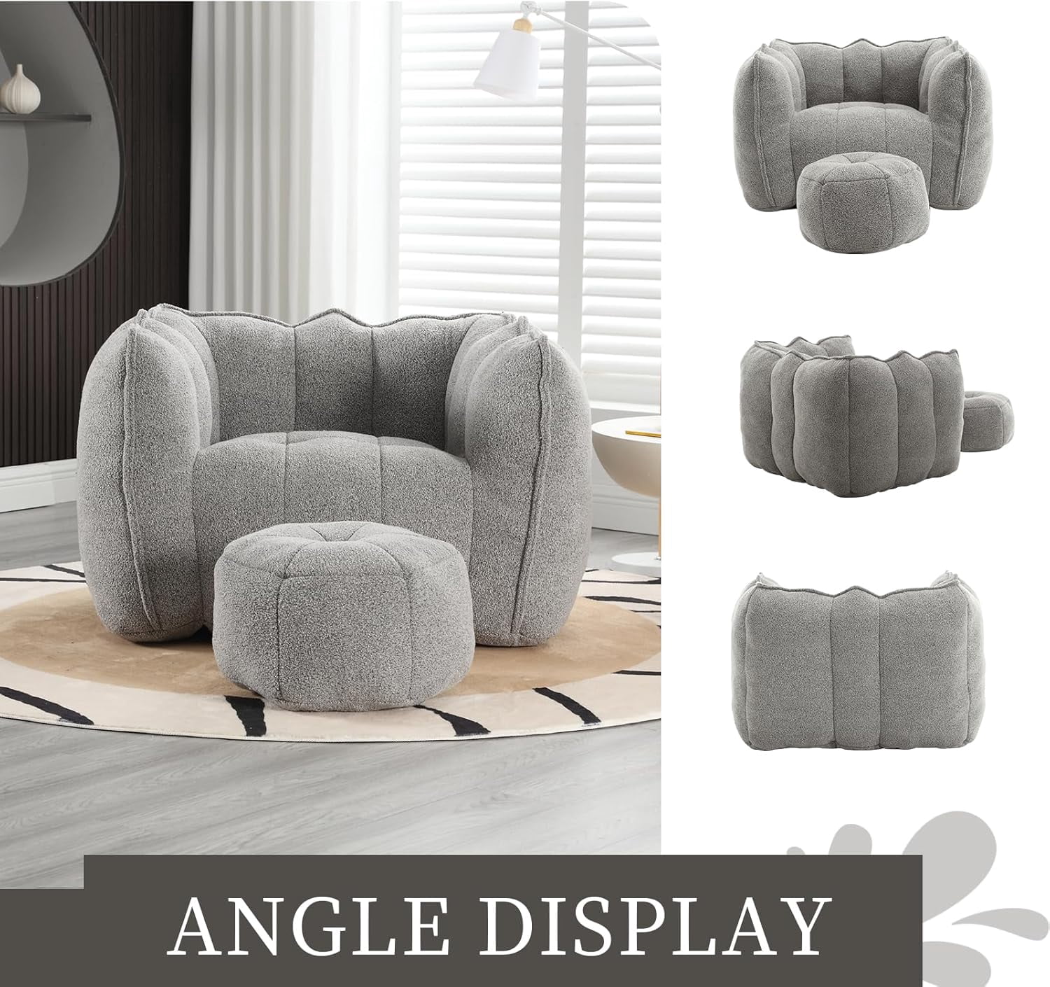 Tabaray Bean Bag Chairs with Ottoman, Bean Bag Couch for Adults, Bean Bag Sofa with High Resilient Foam, Modern Lazy Sofa Chair with Armrests for Living Room, Bedroom, Gaming Room, Apartment Grey