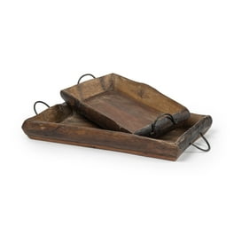 Set Of 2 Medium Brown Recycled Wood With Flaunt Metal Handles Trays Set Of 2 Medium Brown Recycled Wood With Flaunt Metal Handles Trays