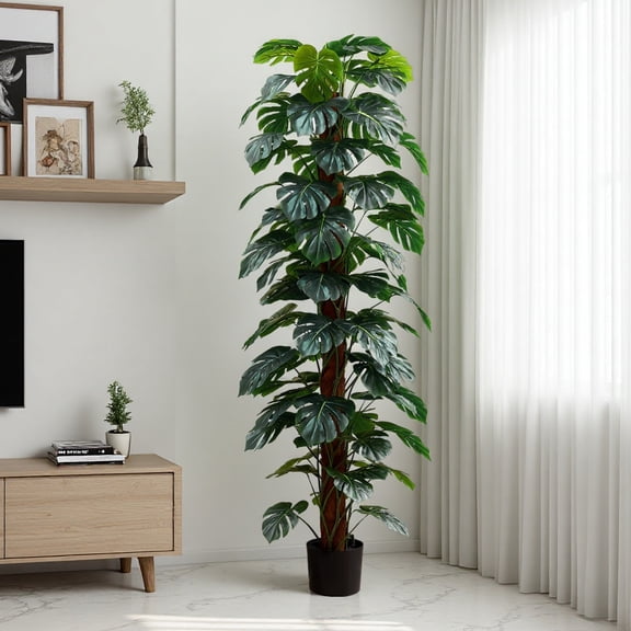 82" Faux Monstera Tree - Realistic Swiss Cheese Plant with Lush Green Leaves, Sturdy Black Pot, Indoor Outdoor Decor