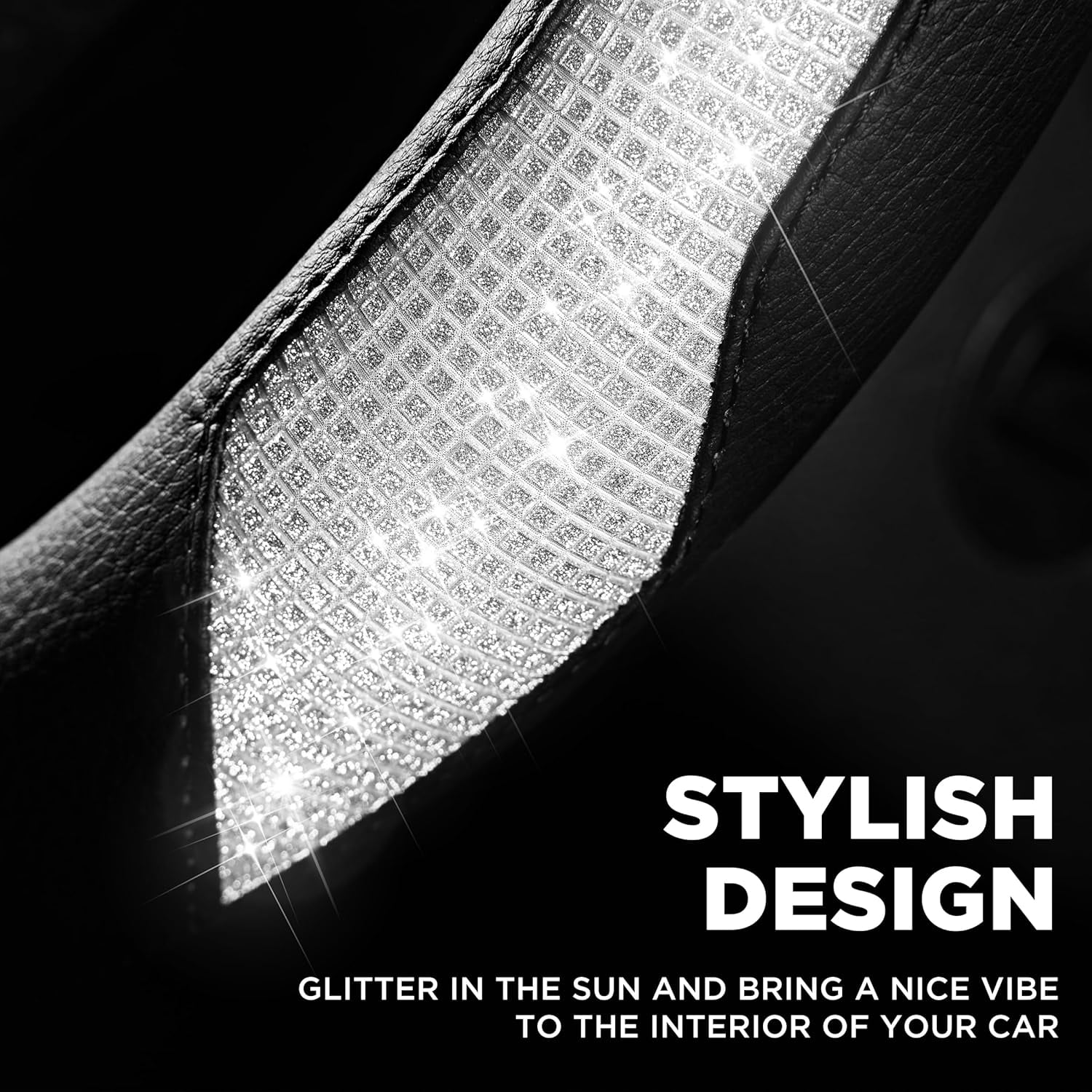 Steering Wheel Cover, Sparkly Crystal Bling Glitter with Black Leather, Universal Fit 14.5"-15.5" Car Steering Wheels for Girls & Women, Breathable Anti-Slip Steering Wheels Cover