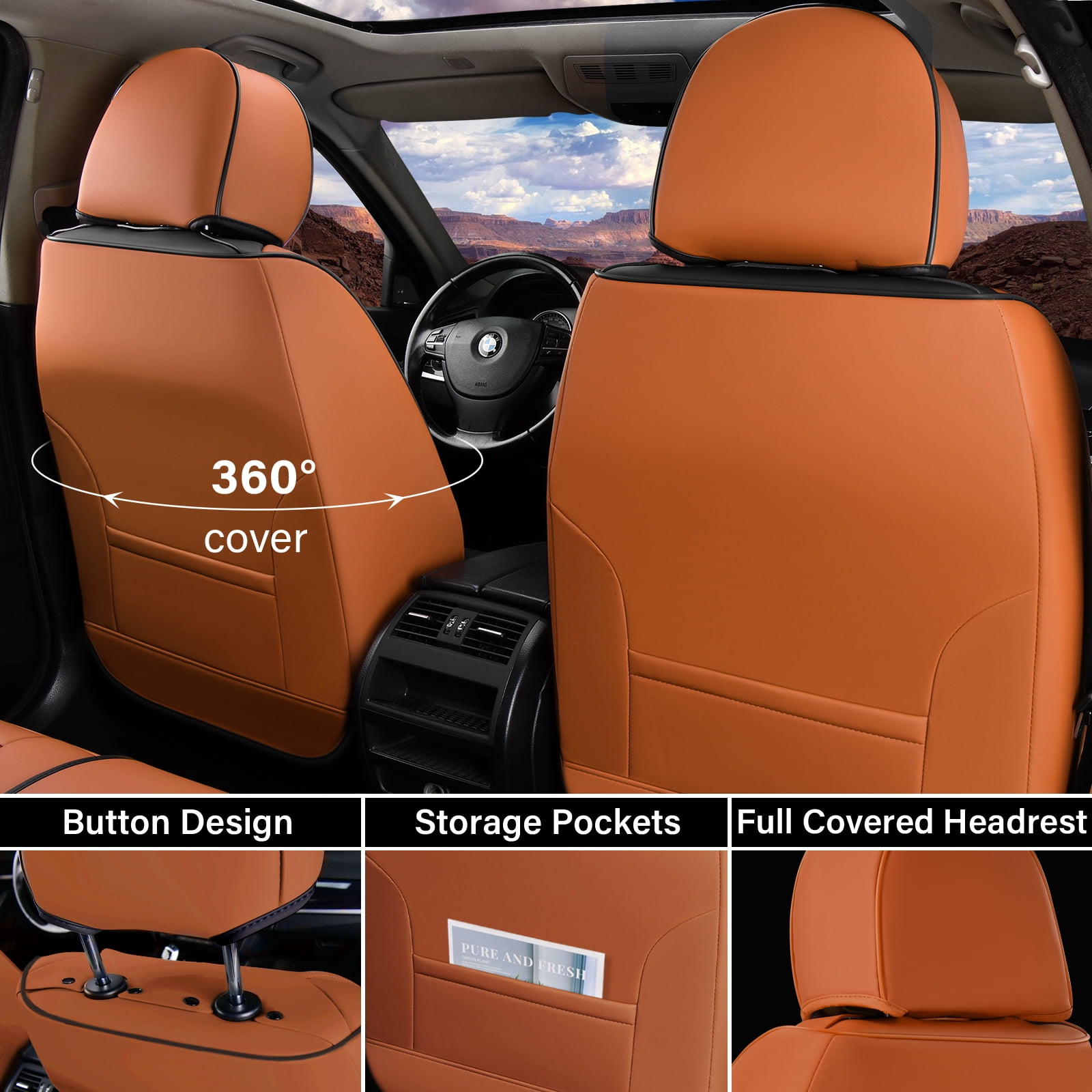 Coverado Car Seat Covers Full Set, Black&Brown Front and Rear Seat Protectors, Waterproof Faux Leather Universal Fit for Most Cars