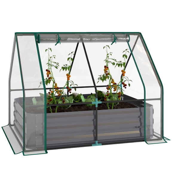 2-in-1 Galvanized Steel Raised Garden Bed with Mini Greenhouse Cover, 50x37x36in Open Bottom Planter for Patio and Backyard Vegetable Growing, Clear and Dark Gray