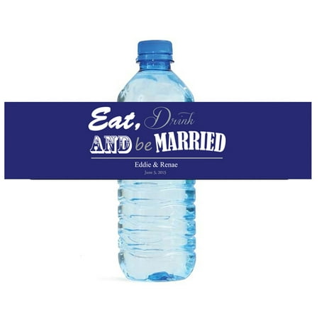 100 Navy Blue Contemporary Eat Drink & Be Married Wedding Anniversary Engagement Party Water Bottle labels Bridal (Best Way To Drink Blue Label)