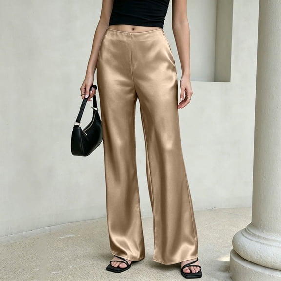 Dwellite Pants for Women Satin Wide Leg Dress Pants Waistband Casual Long Flowy Loose Trousers 2026 Champagne M