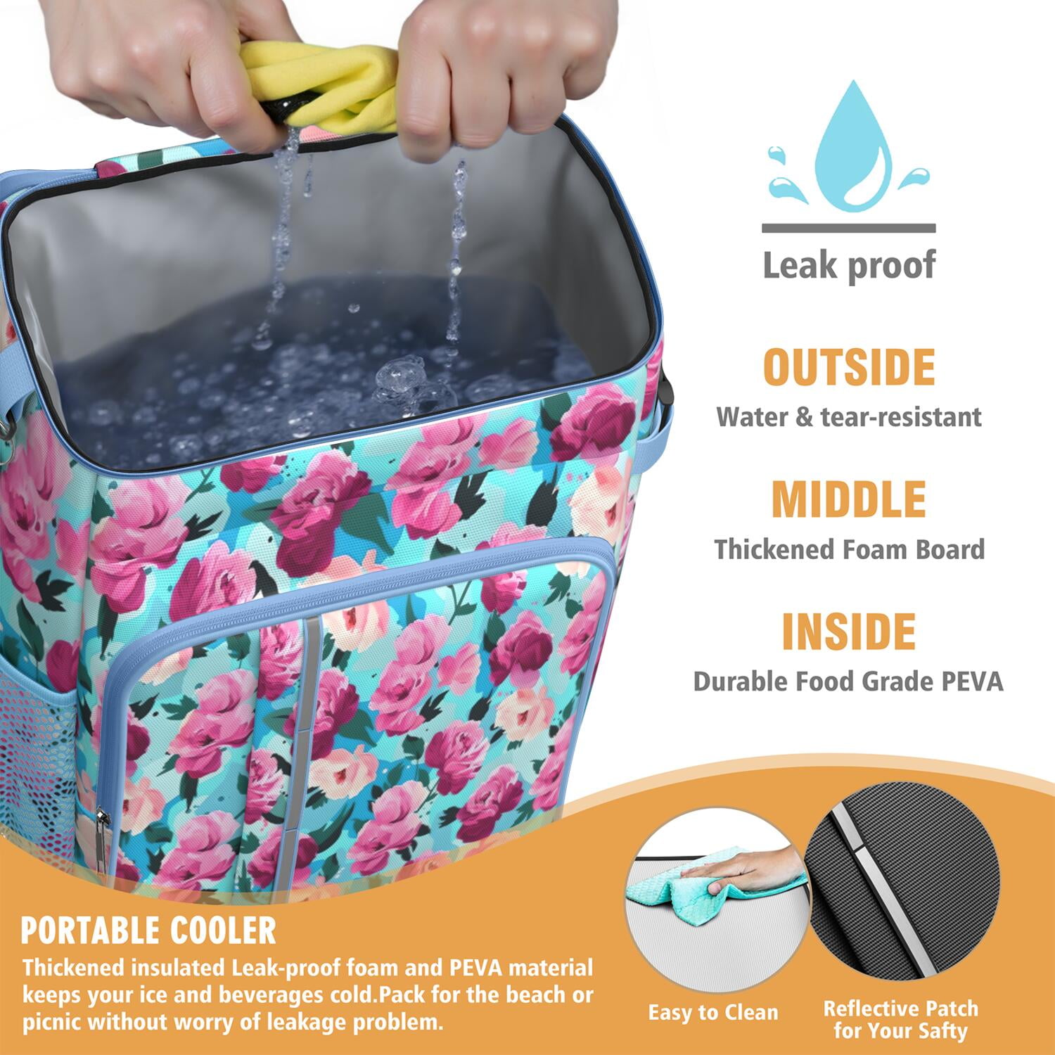 Travel Cooler Bag - Pioneer Flower Floral Print Pattern Camping Beer Cooler Backpack with Bottle Opener- Waterproof Insulated Picnic Backpacks - Cooler Bag for Beach