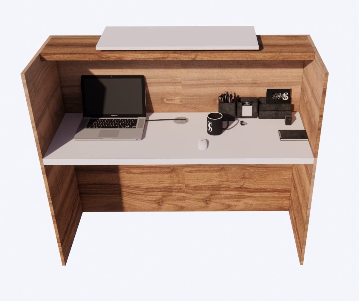 UGOS ICON 55" Modern Reception Desk w Transaction Counter, Laminate Desktop, Front Desk, Multifunctional Standing Table for Home, Office, Salon, Spas, and Lobby (Teak-White))