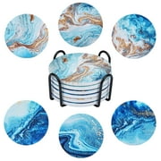 Coolmade Drink Coasters with Holder, Absorbent Coaster Sets of 6, Marble Style Ceramic Drink Coaster for Tabletop Protection,Suitable for Kinds of Cups, Wooden Table,4 inches Teal