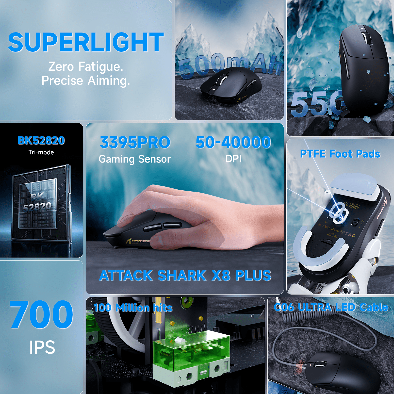ATTACK SHARK X8PLUS Tri-mode Wireless Gaming Mouse With C06 ULTRA Cable