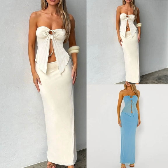 CHUMUD Skirt Sets for Women 2 Piece Outfits Evening Party Elegant Split Hem Tube Top Maxi Skirt Set Wrap Long Skirt Summer Vacation Casual