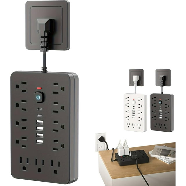 MegaCharge 14-in-1 Wall Socket Fast, Compact & Surge-Protected, Smart Surge Protector Power Strip with USB Ports, Flat Plug Extension Cord with Multiple Outlets, Fast Charging (Black, 0.3 Ft)