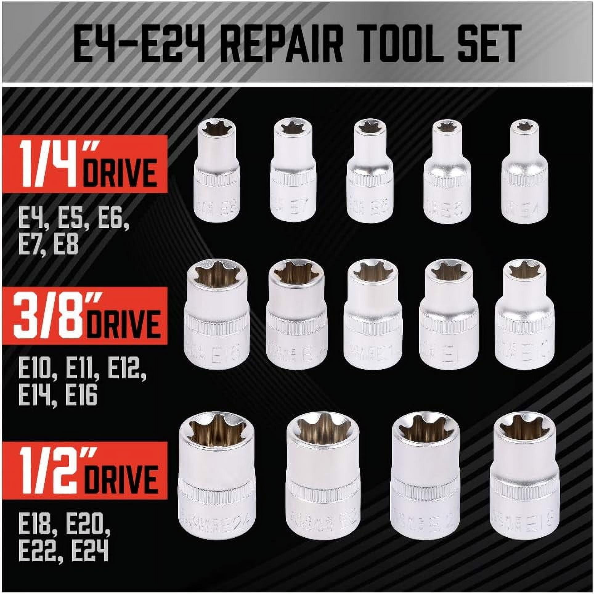 Ariseltys 14-Piece E-TORX Socket Set - Premium Female Torx Socket Set, Ultimate Star Socket Set, Torque Socket Set, External Torx Socket Set, E4 E5 E6 E7 E8 E10 E11 E12 E14 E16 E18 E20 E22 E24