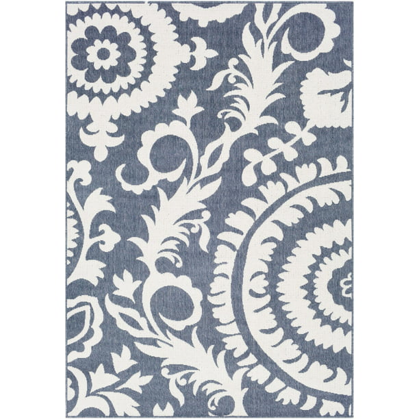 5.9' x 8.8' Charcoal Blue and White Floral Rectangular Area Throw Rug