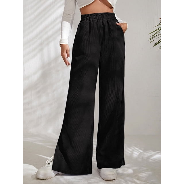Pantalones casuales de cintura alta para mujer, pantalones de pana de color sólido europeo y americano con dobladillo con abertura y costuras para mujer