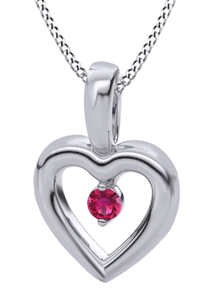 Round Cut Simulated Pink Ruby Accent Heart Pendant Necklace In 14k Solid Yellow Gold (0.03 Cttw) by Jewel Zone US