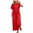 thumbnail image 2 of Riforla Women 2 Piece Linen Outfit Sets Cotton Short Sleeve Shirt Wide Leg Trousers Pant Two Pieces Tracksuit 2 Piece Sets Women Outfit Red S, 2 of 5