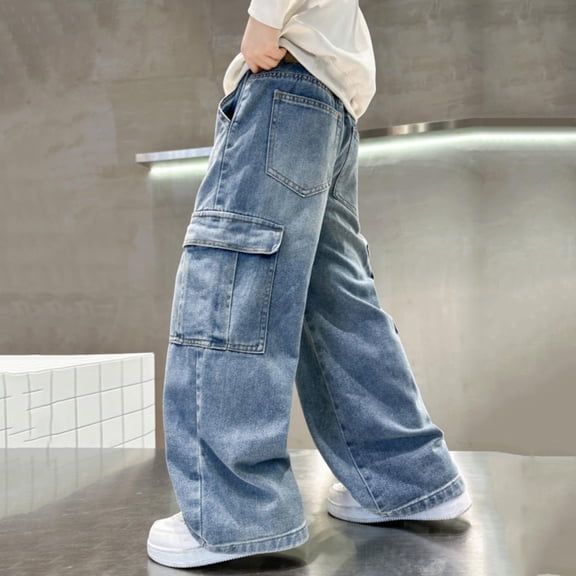 hengsof Boys Oversized Pocket Denim Jeans Relaxed Fit Stretch Waist Casual Pants Everyday Comfort Pants for 5-15 Years Old